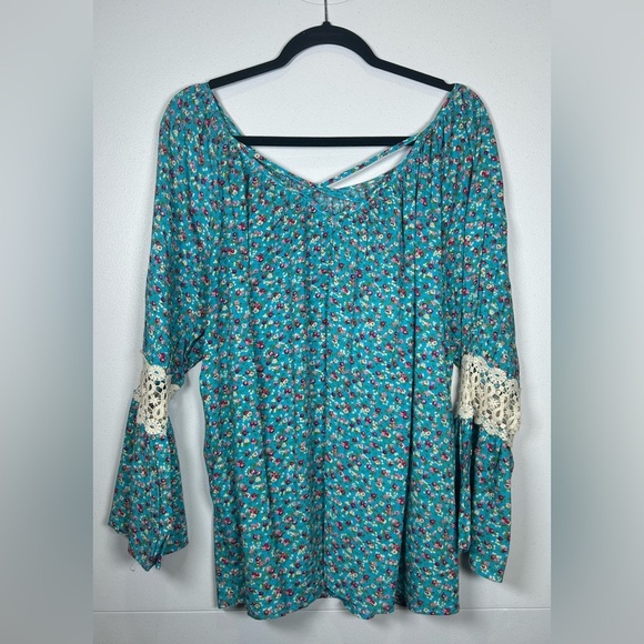 Easel Blue/Pink Floral Blouse Long Sleeve. Size Medium. Crochet. Garden Girl - Picture 2 of 8